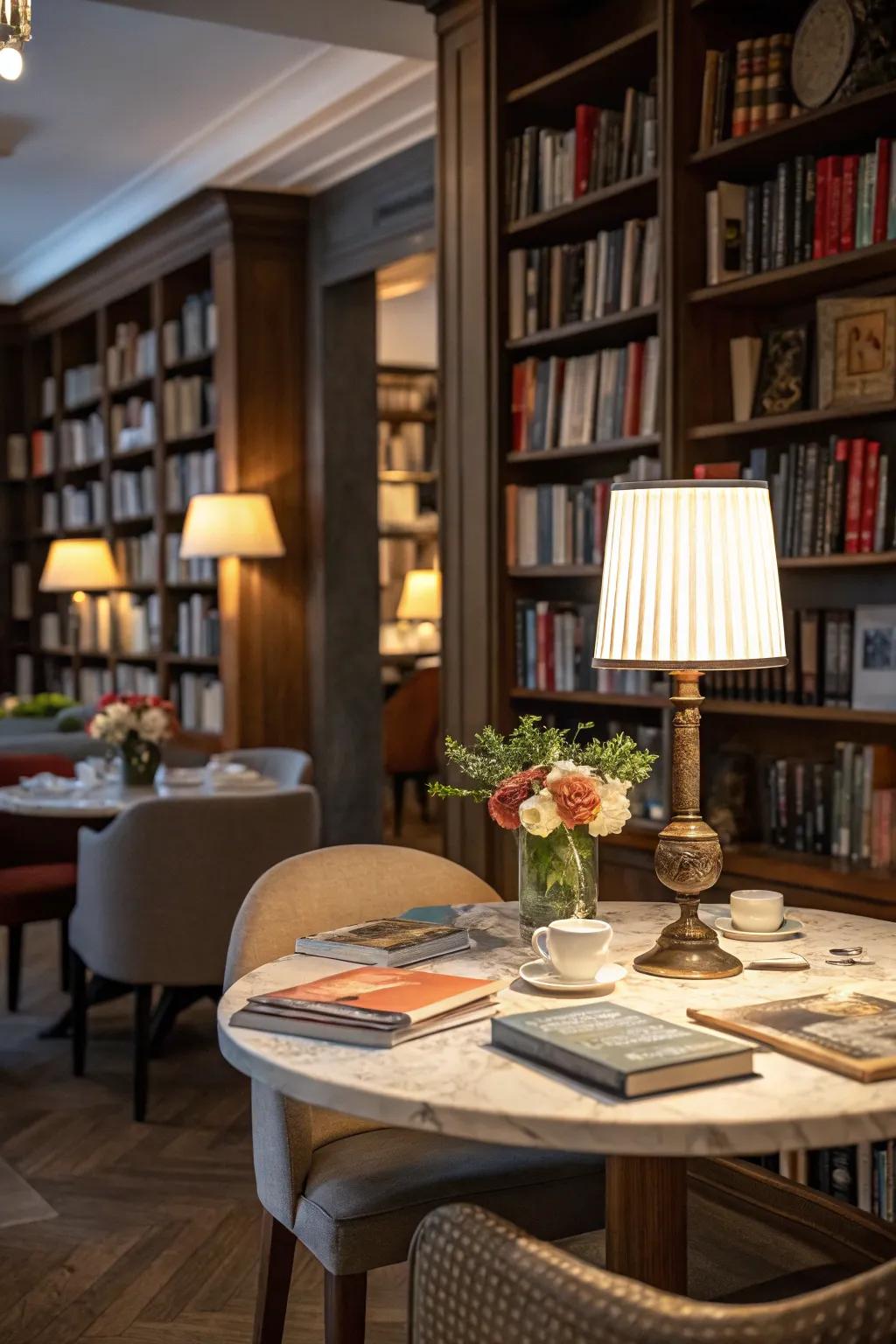 Dining in a library setting offers a refined atmosphere.