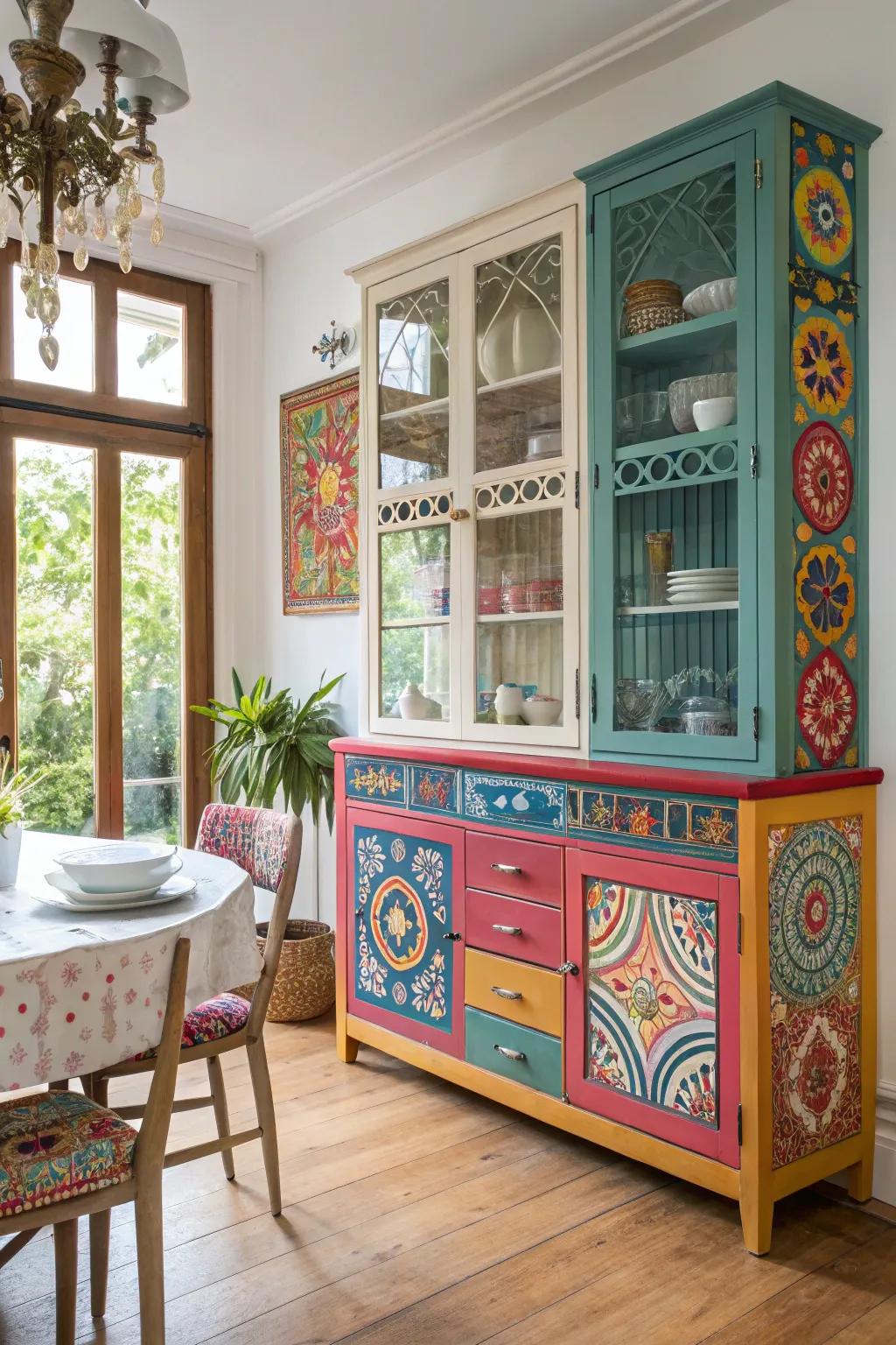 Vibrant eclectic cabinets breathe vitality and character into the dining area.