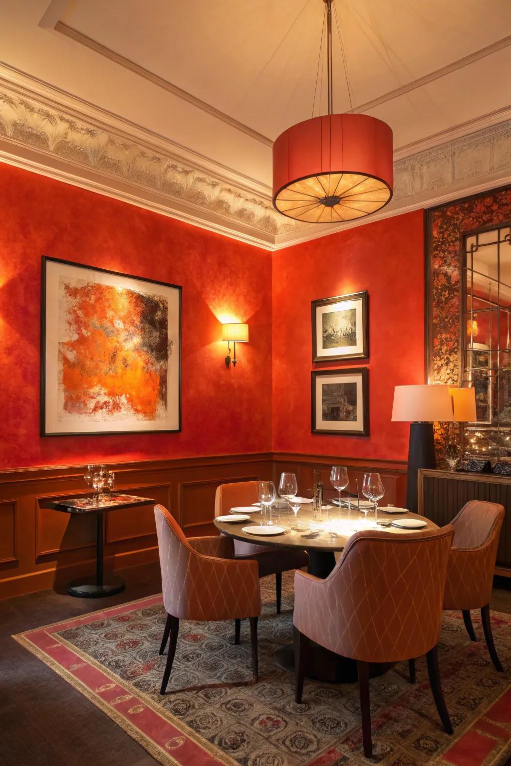 An animated dining room enlivened with vibrant hues.