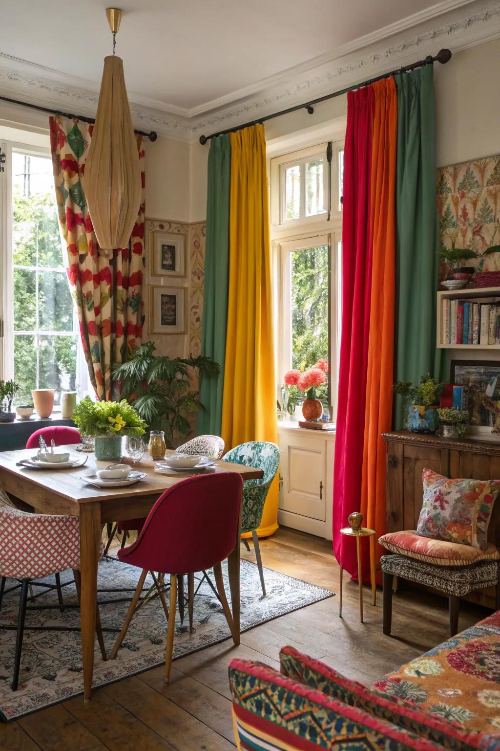 Artistic curtains bringing vibrancy to an eclectic dining room.