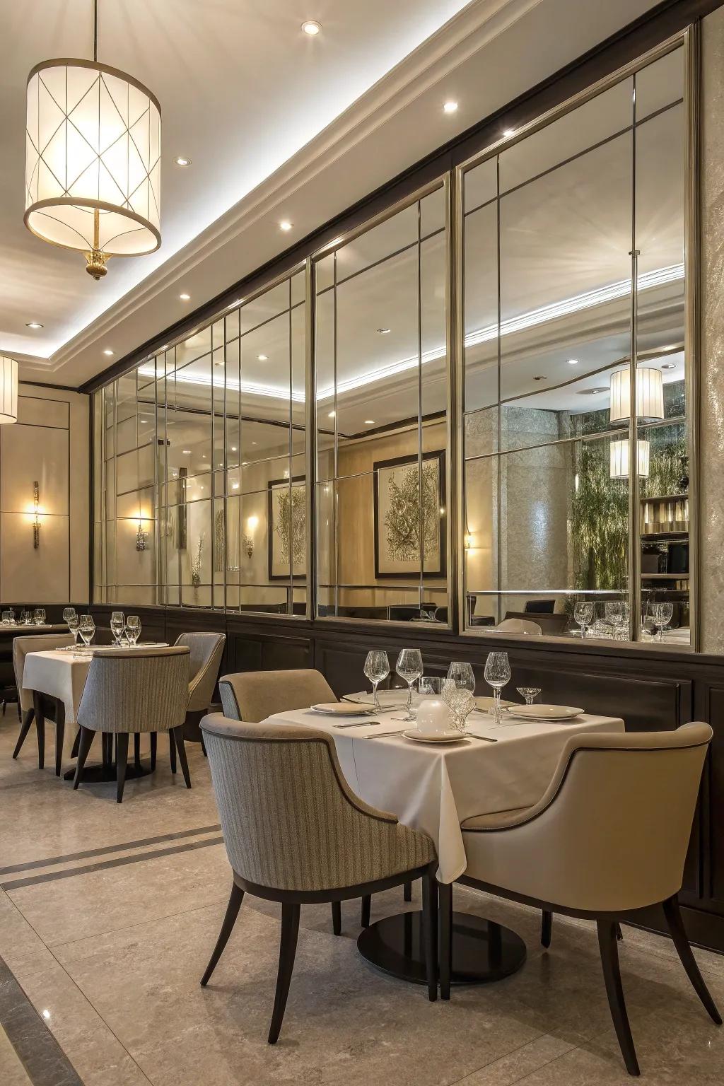 Reflective surface coverings infuse a distinctive sheen into dining areas.