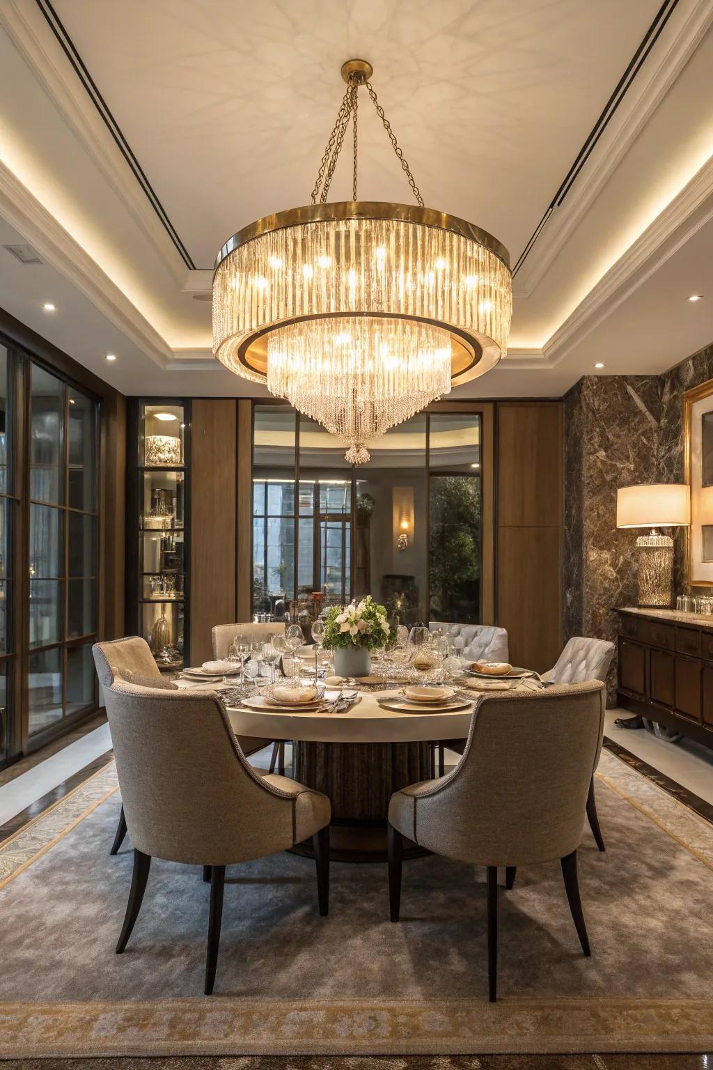 A standout chandelier enhances the dining room's ambiance.