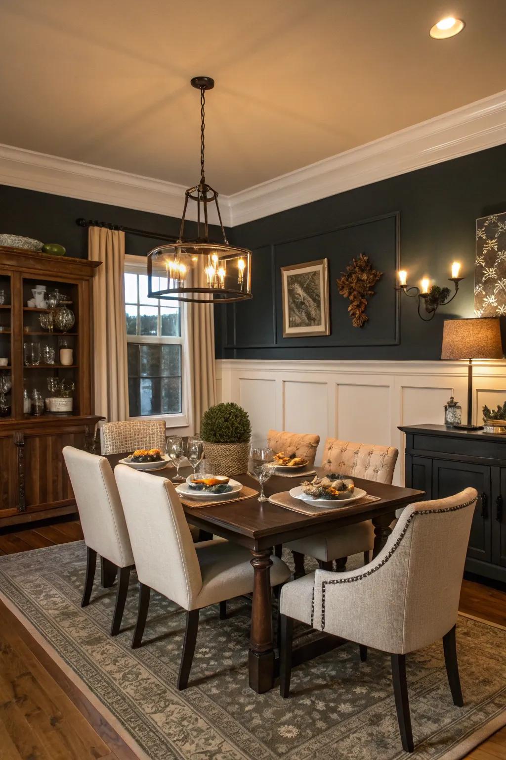 Dark paint above the chair rail crafts a personal dining ambiance.