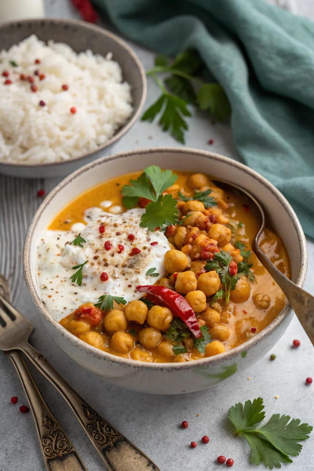 Legume curry accompanied by grains, a flavorful plant-based repast.
