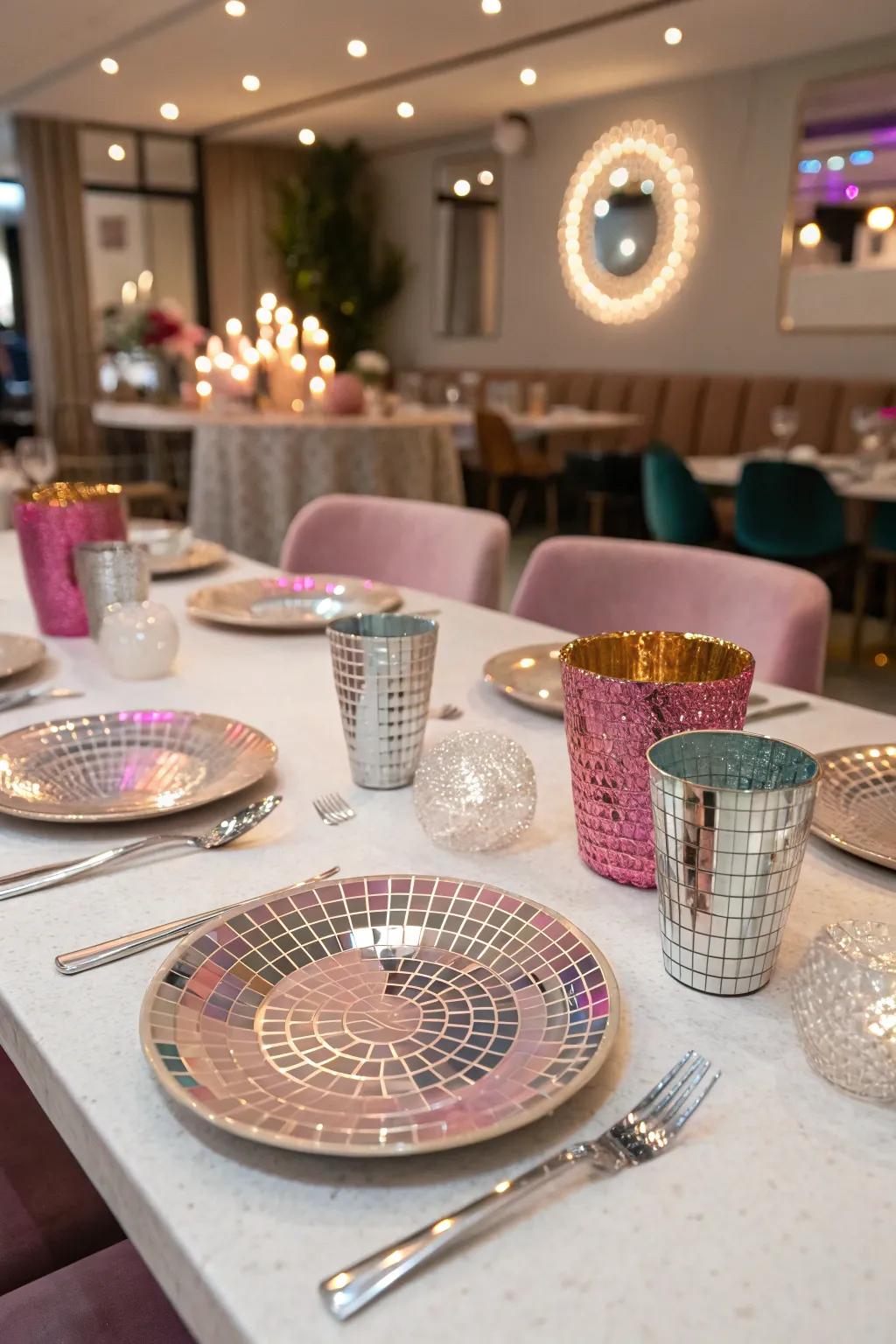 Disco-themed dinnerware infuses sparkle into the celebration's ornamentation.