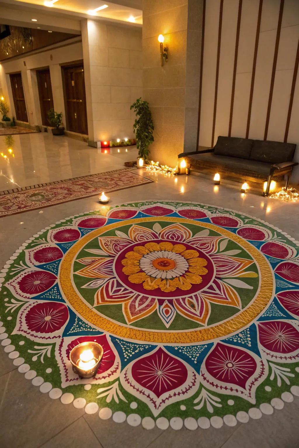 A striking floor art that incorporates color and inventiveness.