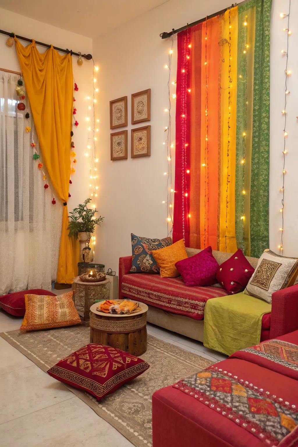 Vibrant pillows and drapes for a celebratory transformation.