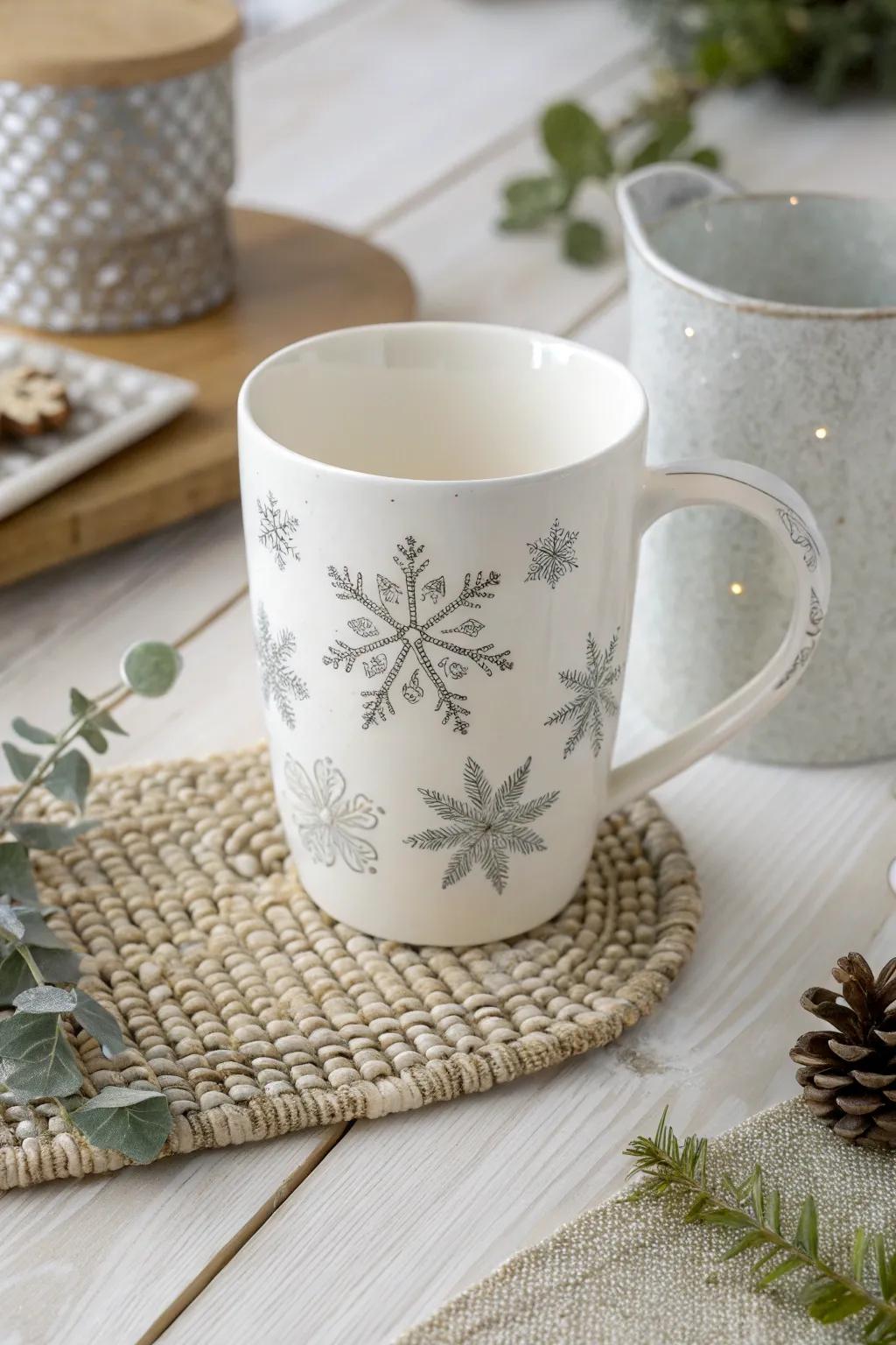 Embrace the essence of winter via this sophisticated DIY snow crystal mug, ideally paired with cocoa by the hearth.