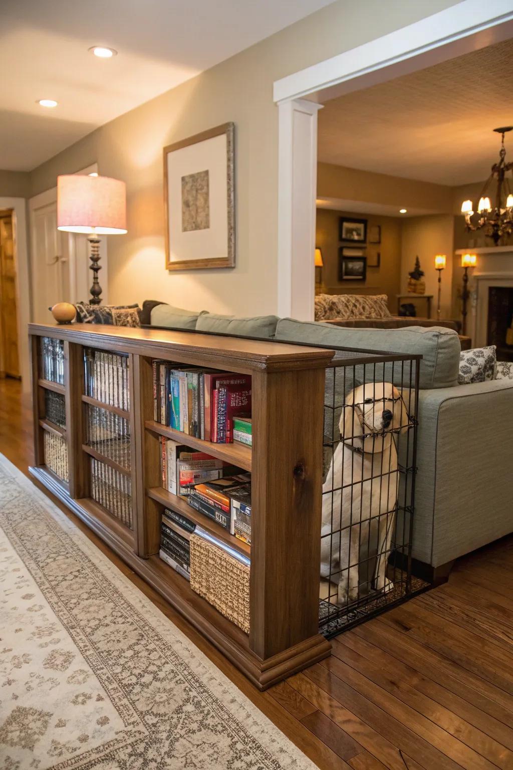 A dog partition charmingly merged with furniture to create a unified aesthetic.