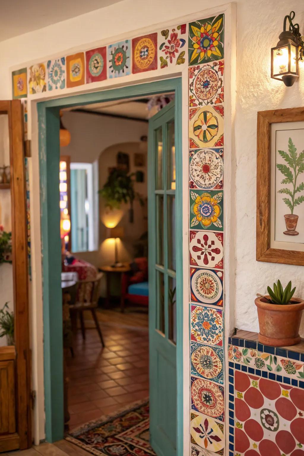 Tile trim infuses a distinctive and artistic element to this bohemian-inspired area.