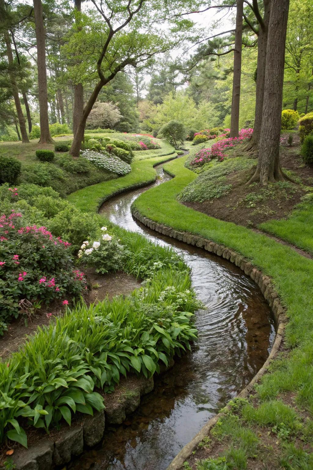 Curved swales contribute an element of nature’s artistry to your garden.