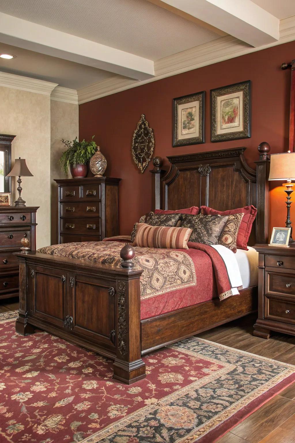 Dark wood furniture infuses the room with elegance and dimension.