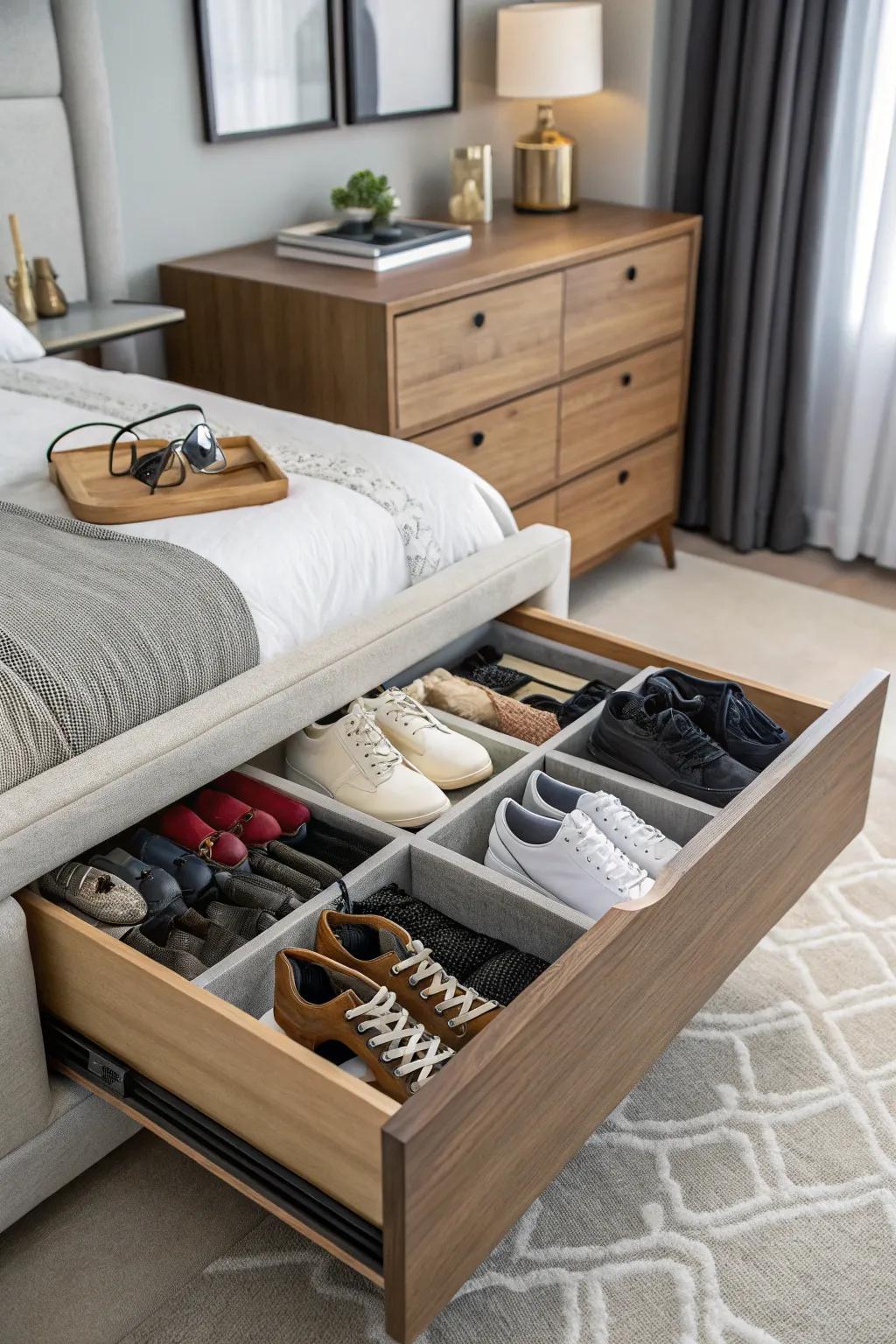 Lower drawer assigned for footwear and bulkier things.