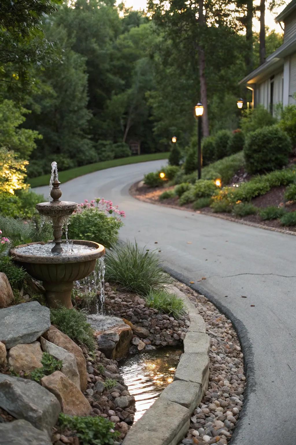 An aqua element bestows tranquility upon this driveway.