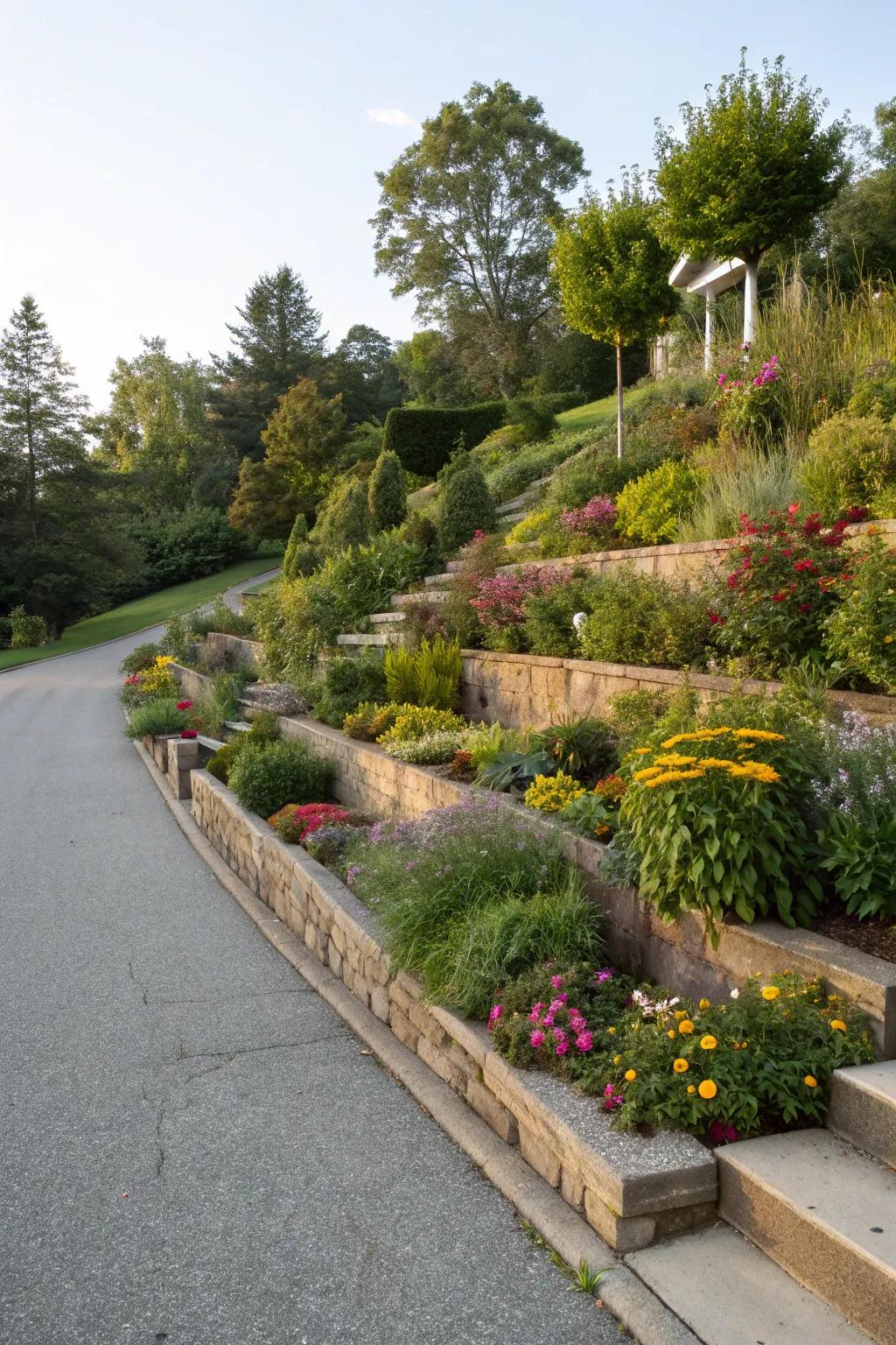 Staged botanical arrangements contribute dimension and captivation to your driveway landscape.