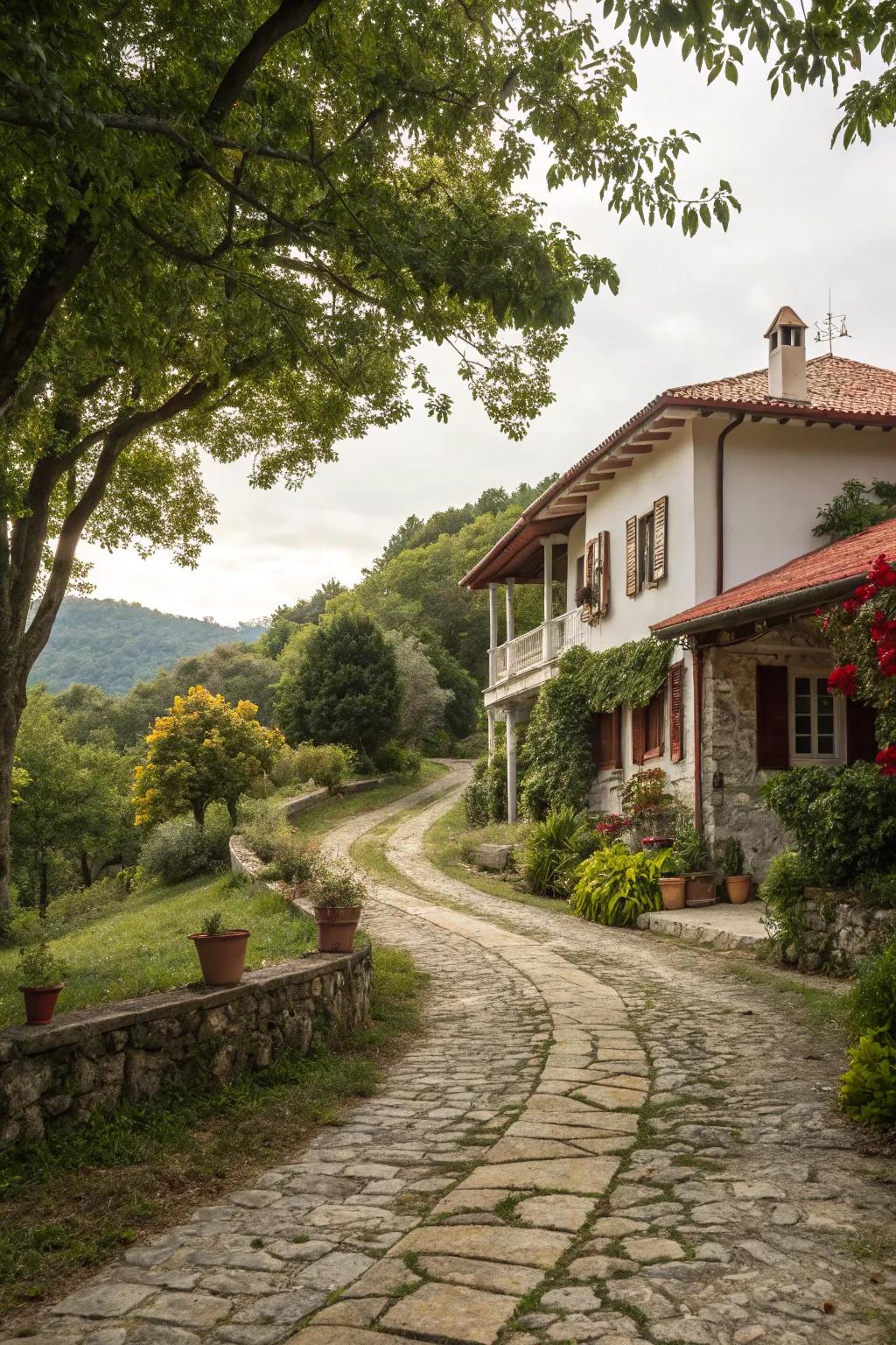 A rustic stone driveway with a timeless appeal.