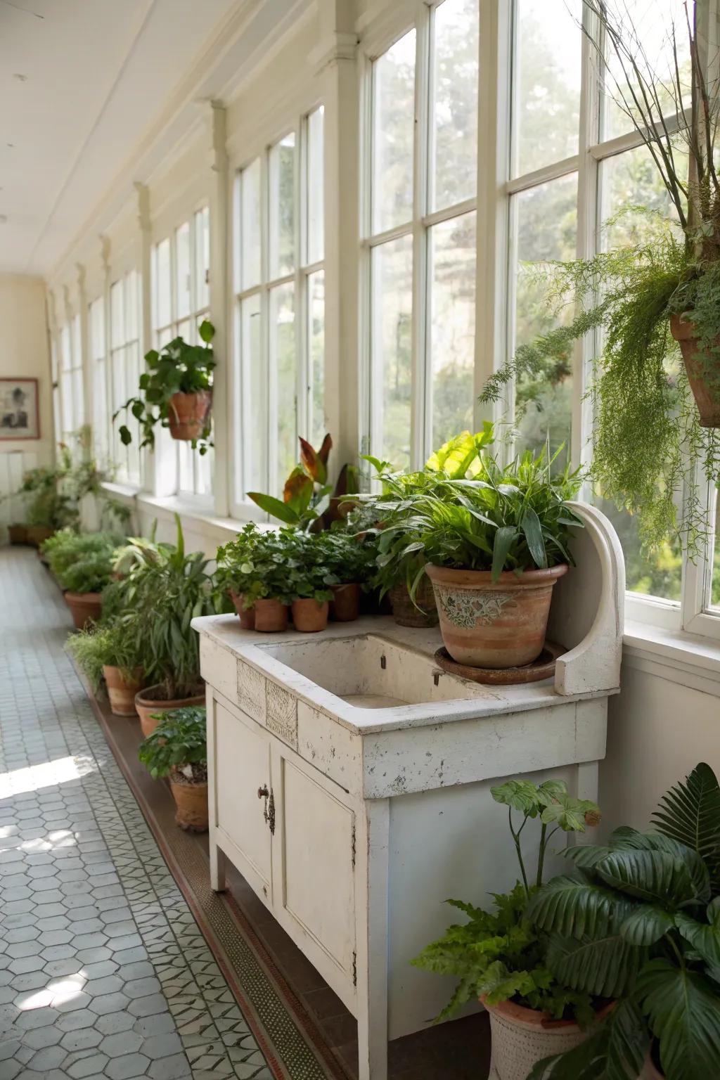 A washstand converted into a lively botanical display.