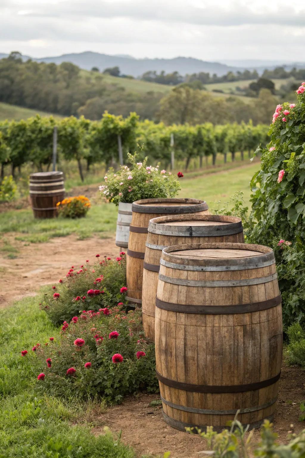 Vintage casks bestow a rustic allure upon refuse container covers.