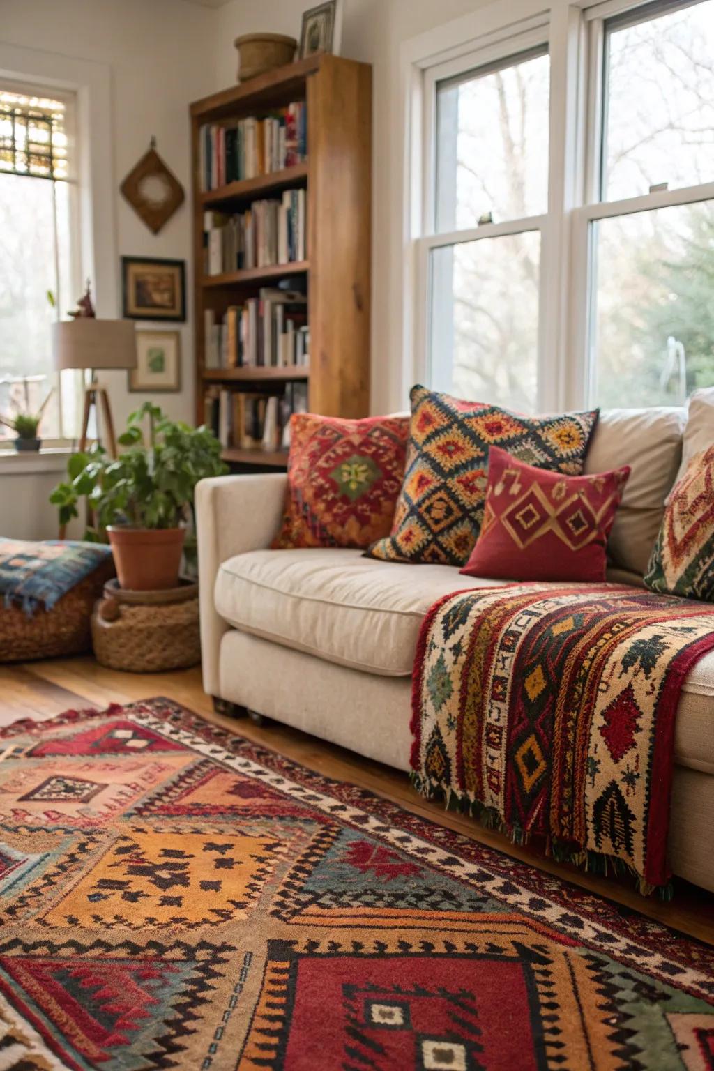 Family room showcasing traditional patterned ornamentation for a bohemian vibe.