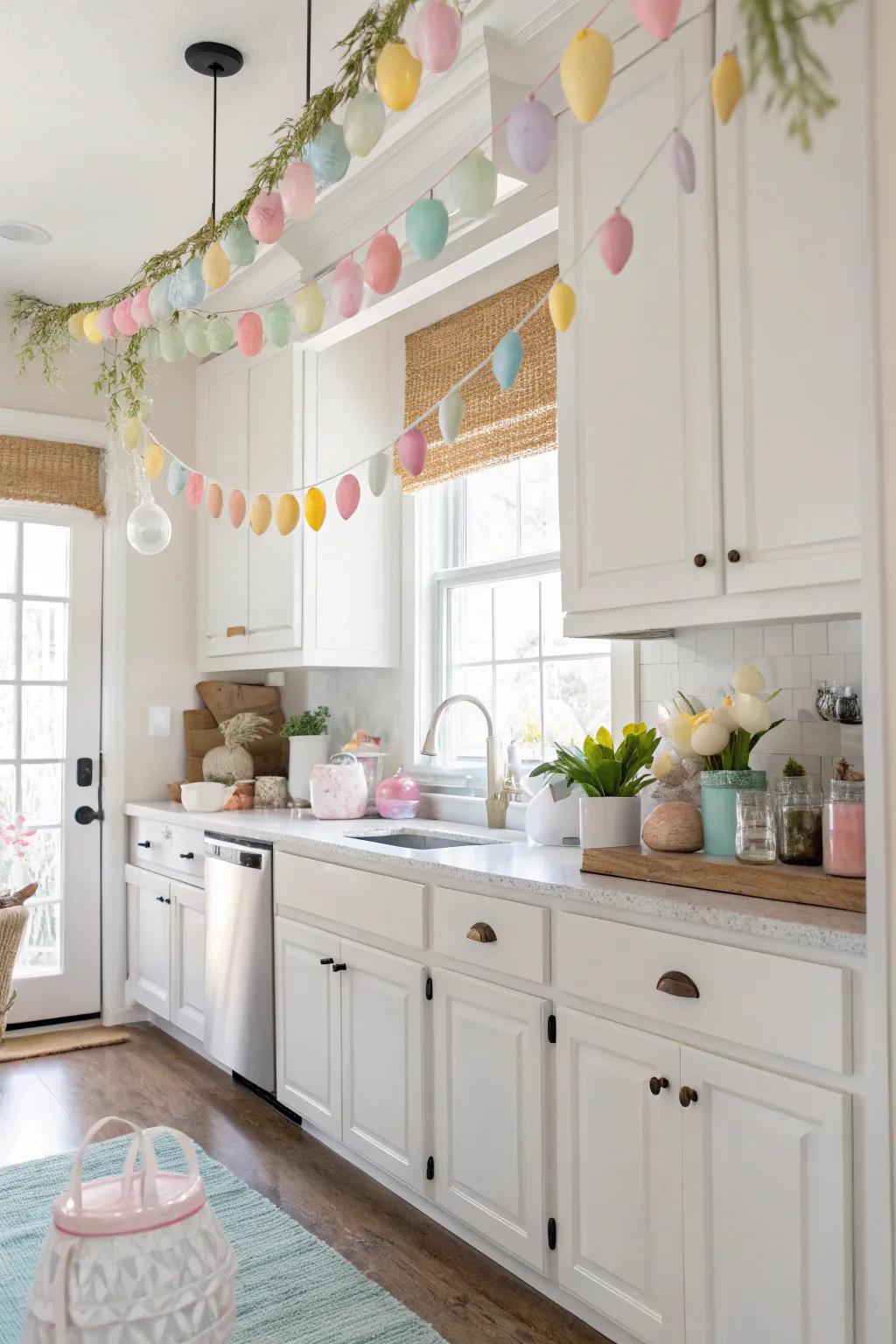 Pastel festoons contribute a festive accent above the kitchen cabinets.