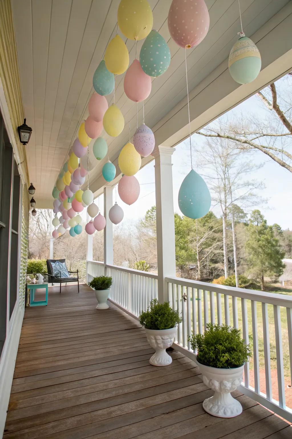 Suspended egg ornaments contribute a playful touch to your porch.