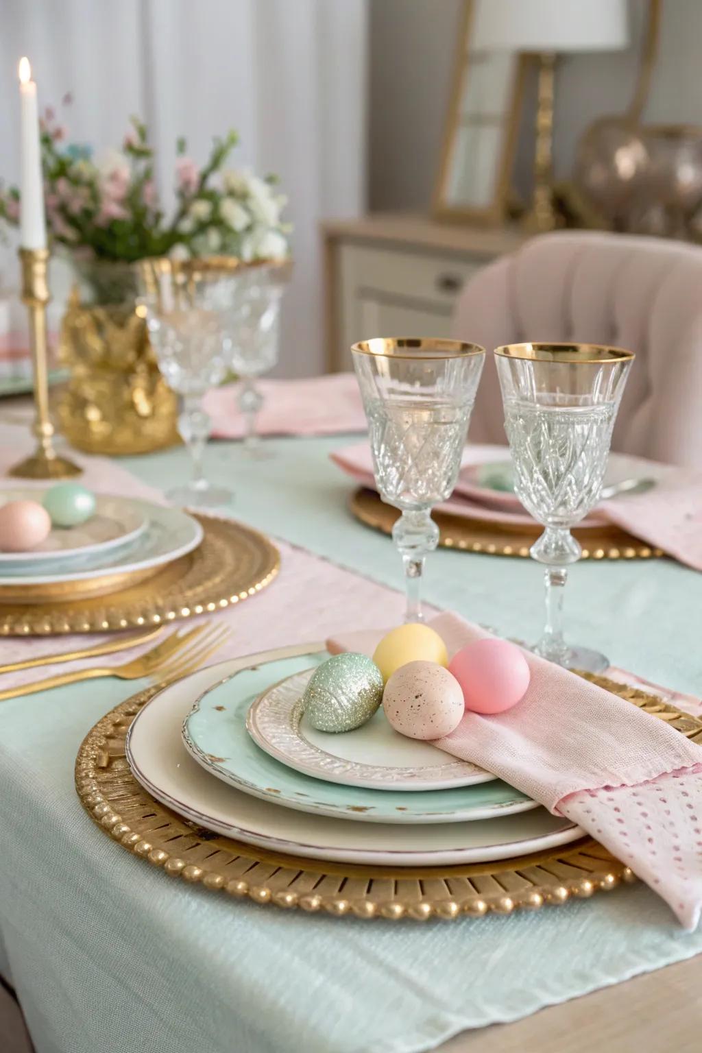 Sophisticated tableware, complete with metallic accents, bestows an air of elegance to the Easter dining table.