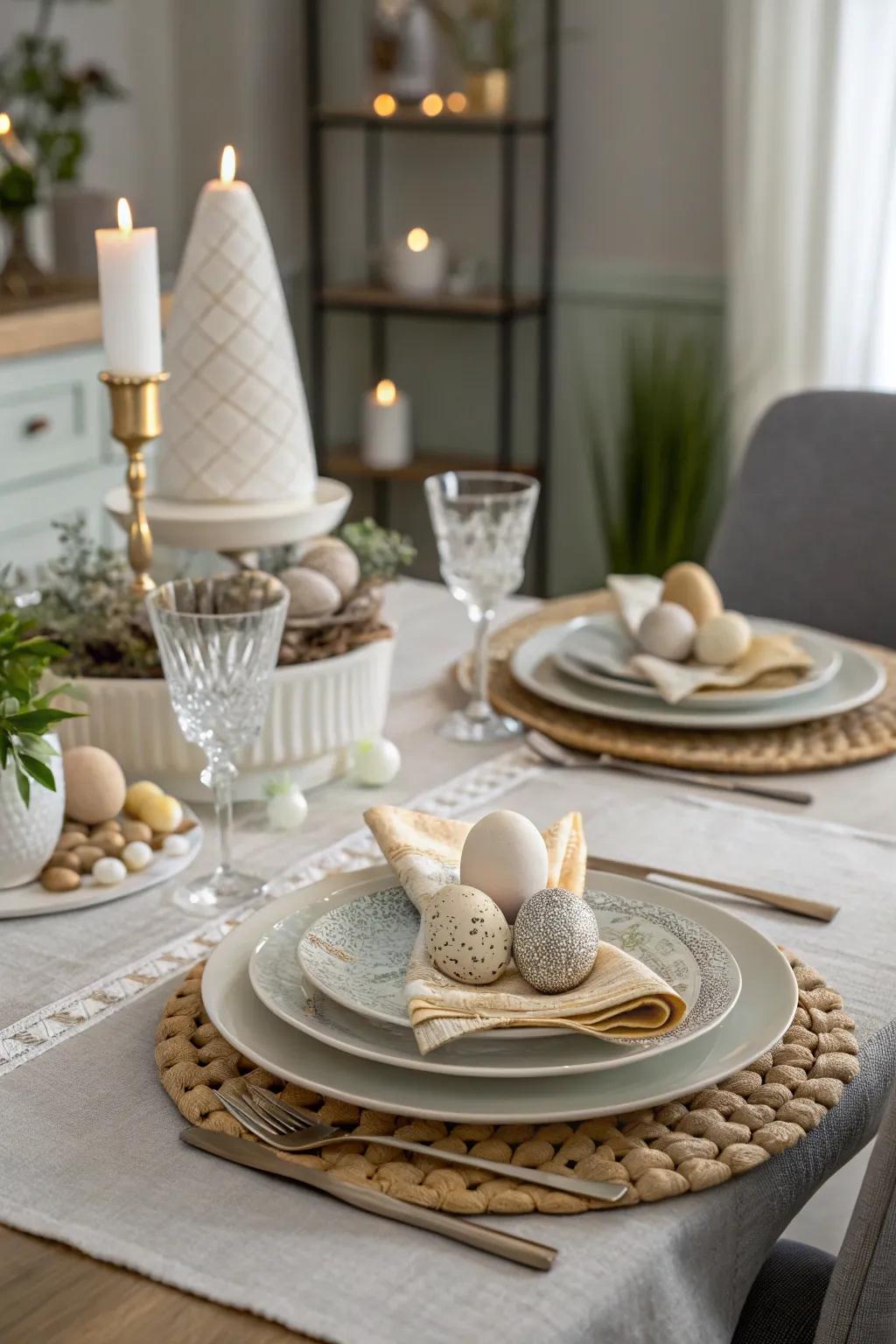Layered plates and tactile napkins enhance sophistication.