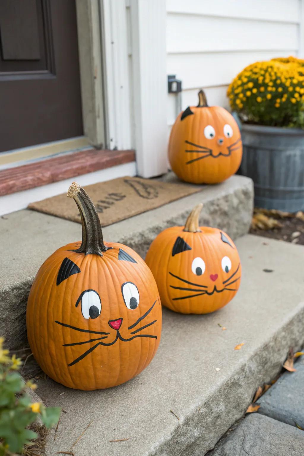Endearing feline visages imbue these pumpkins with a lively persona, perfect for Halloween.
