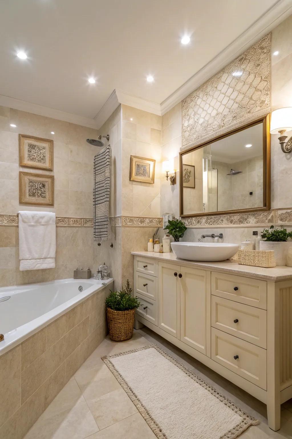 A subtle shade spectrum nurtures tranquility in this exquisitely designed bathing area.
