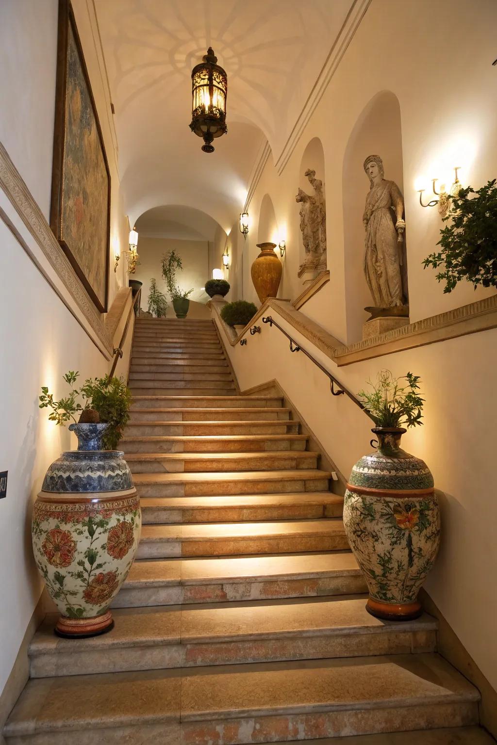 Decorative embellishments enhance the aesthetic appeal of stairwells.