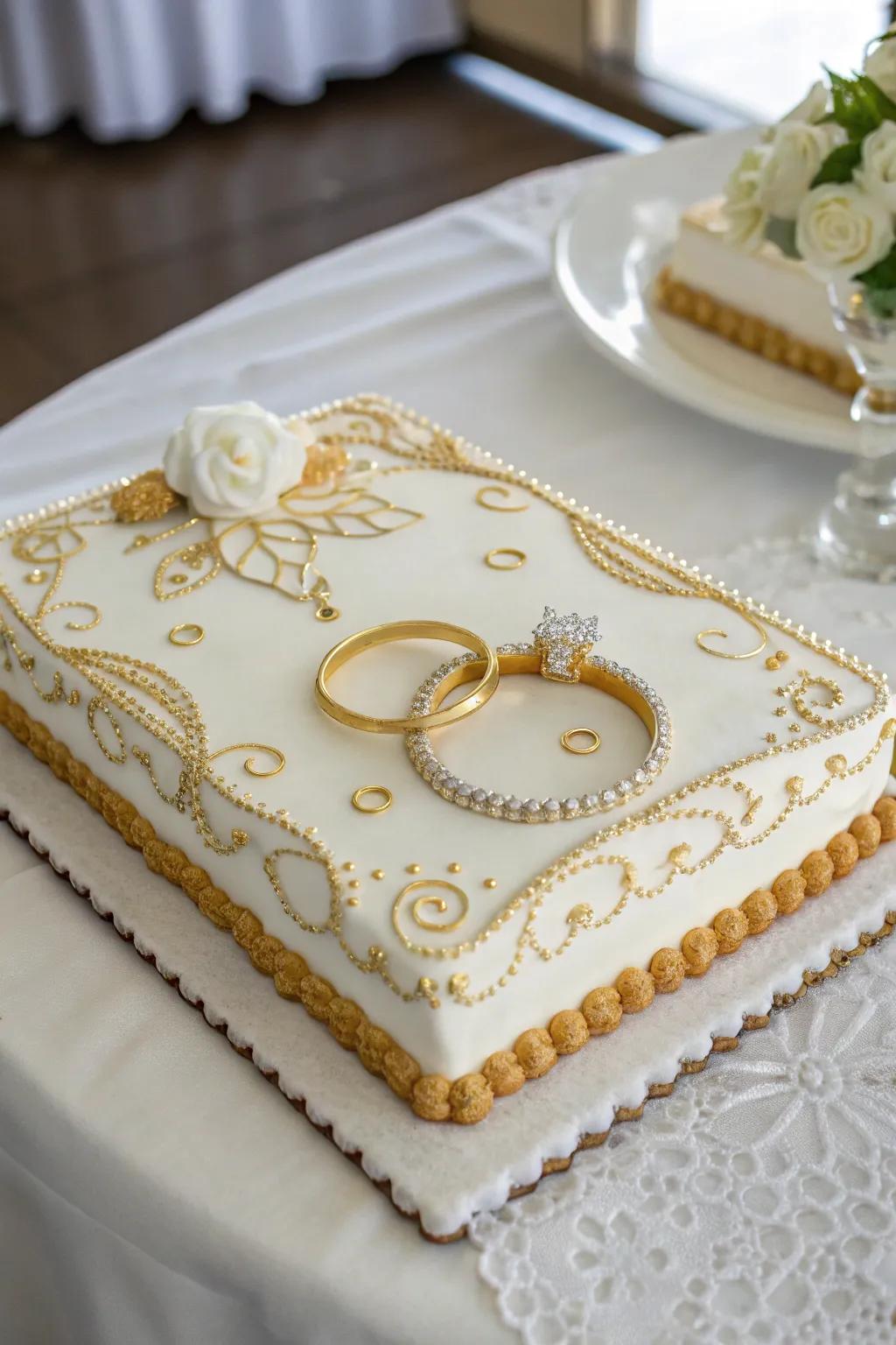 A ring-themed engagement sheet cake incorporating gold accents.
