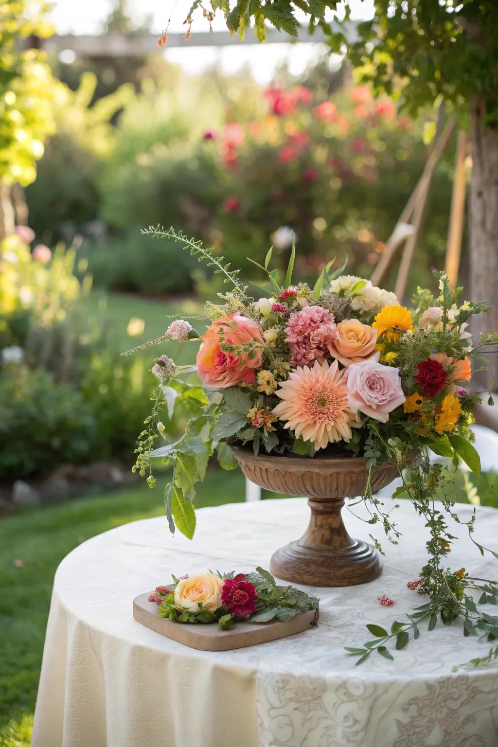 Bloom-focused pieces add a dash of color to garden tables.