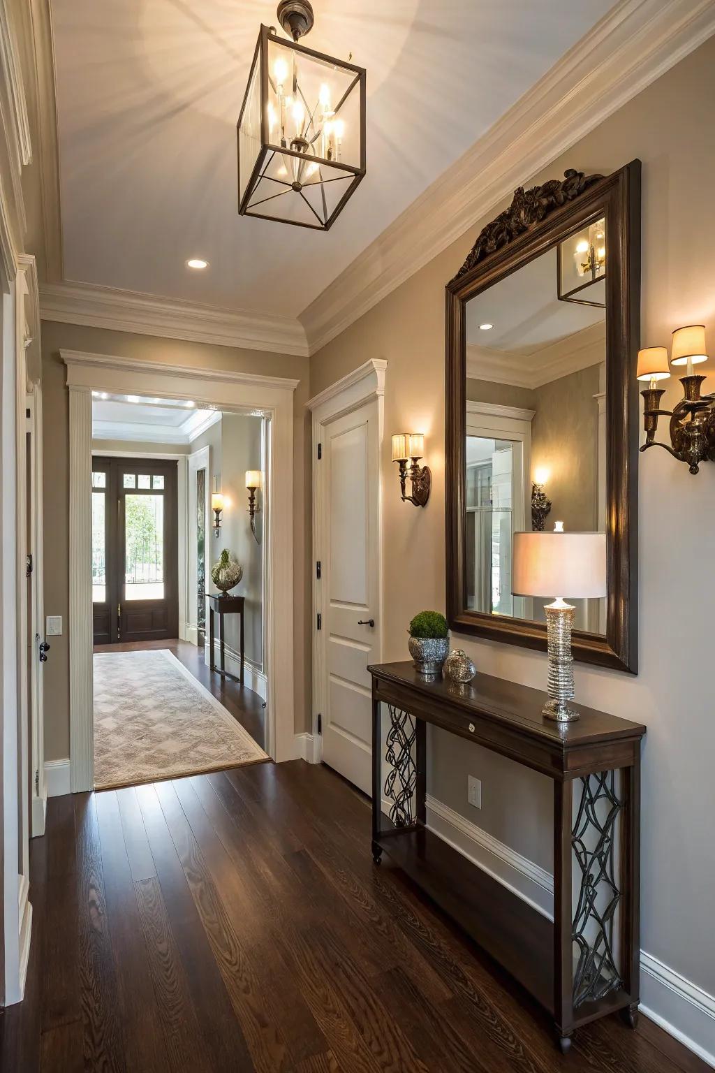 Wall sconces gracefully frame a mirror, enriching the entryway with a touch of refinement.