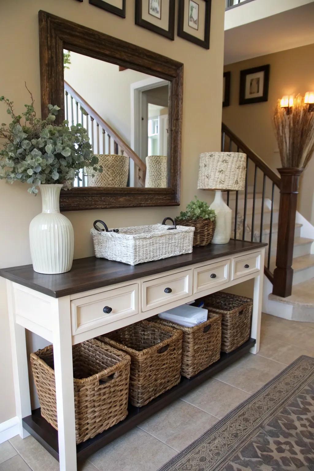 Stylish baskets and bins to arrange entryway must-haves.
