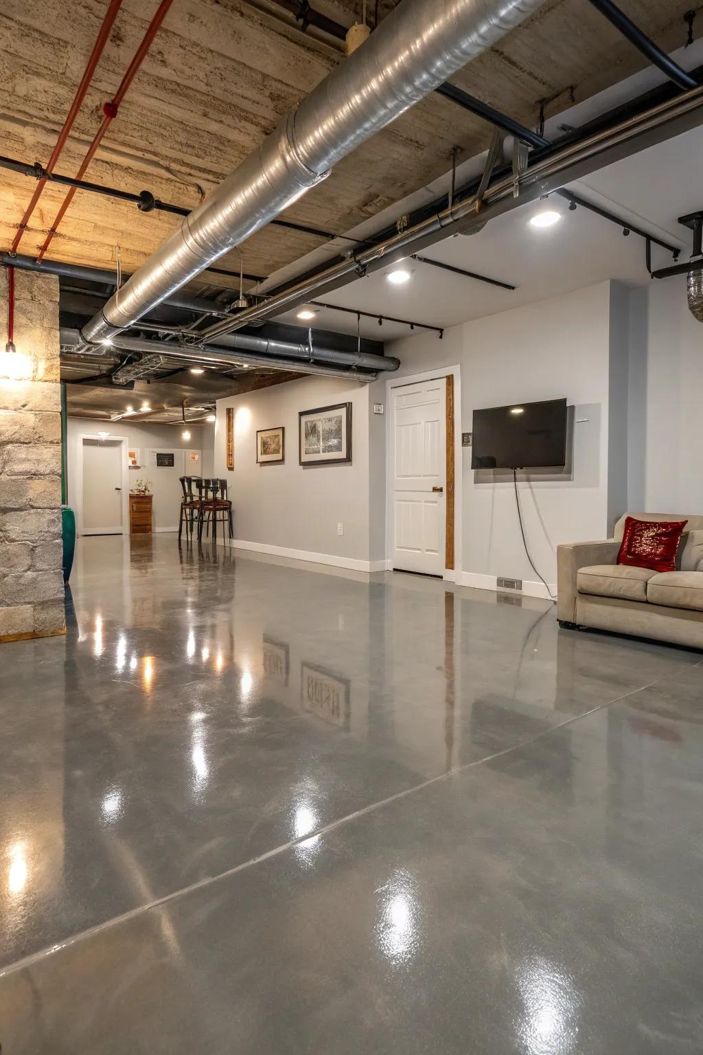 Industrial-style epoxy floors for an edgy modern look.