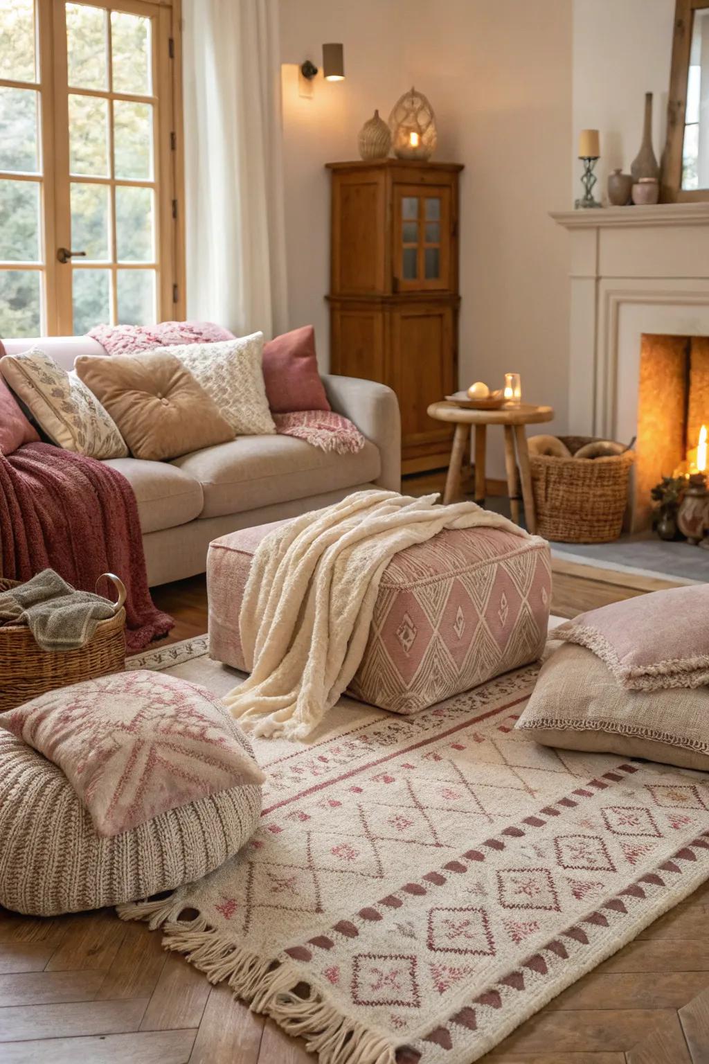 Gentle fabrics offer warmth and comfort to this European-style living room.