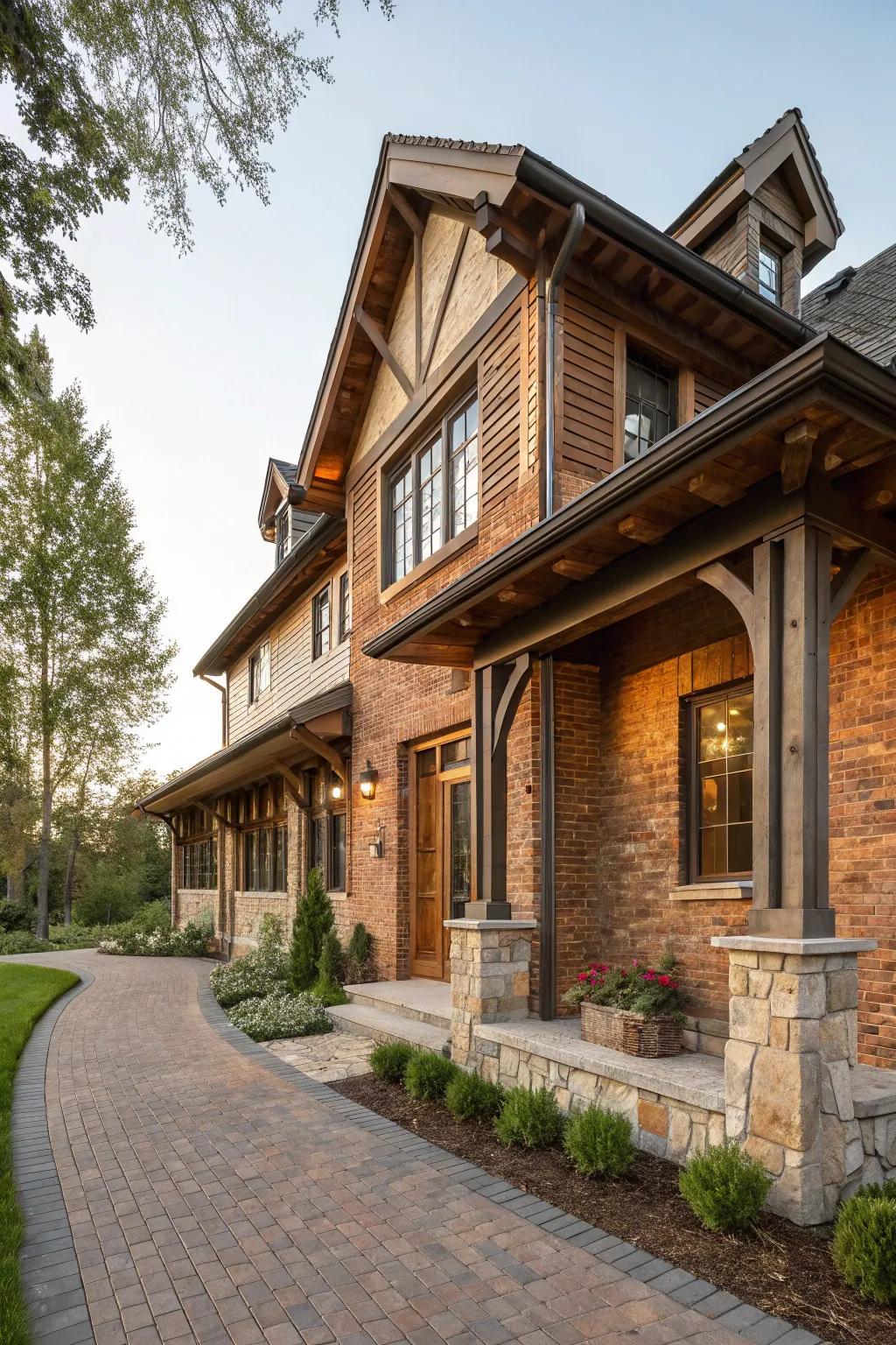 Harmonizing materials such as timber and stone with brick engenders a compelling presentation.