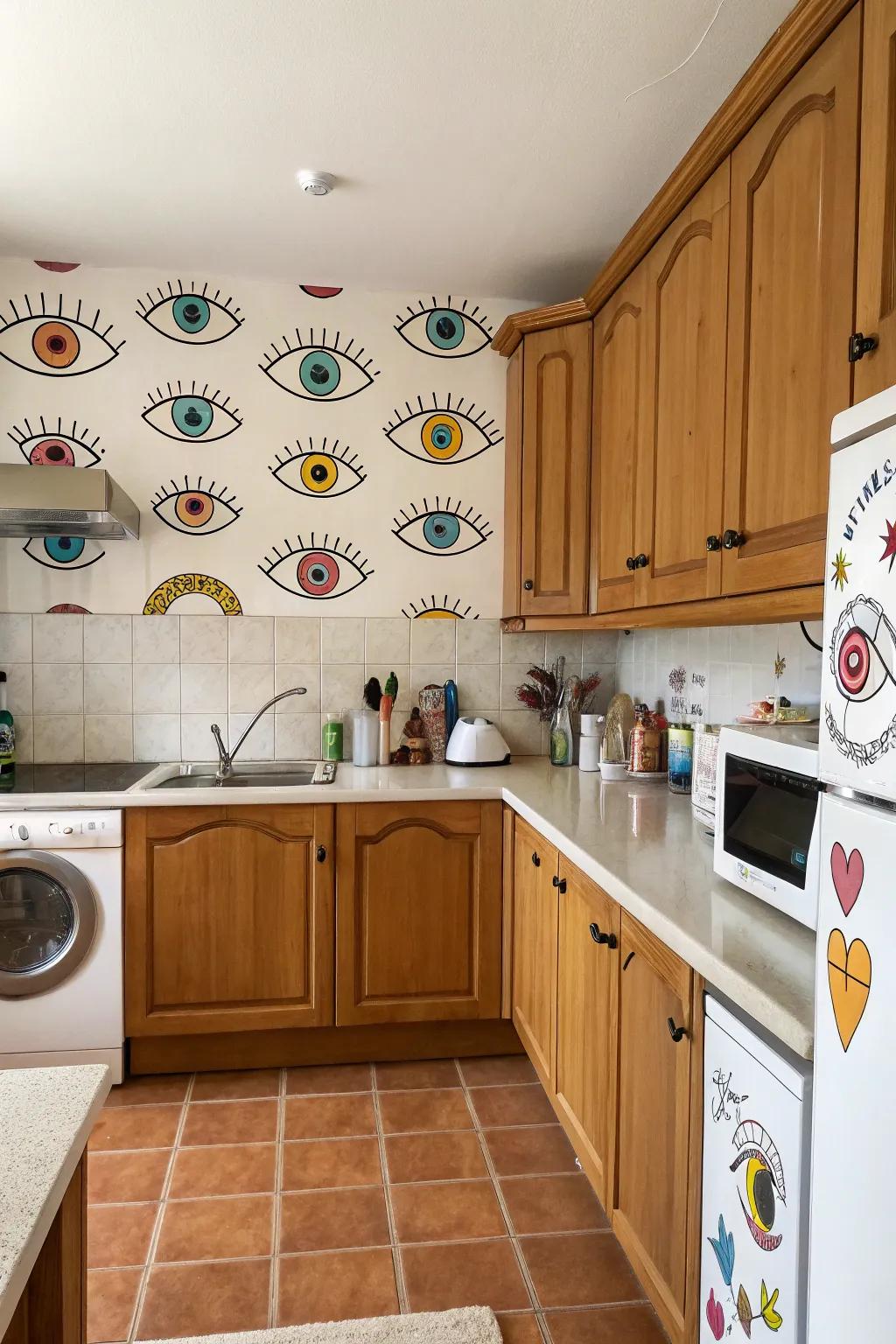 Whimsical animated eye decals injecting allure and individuality into the cooking area.