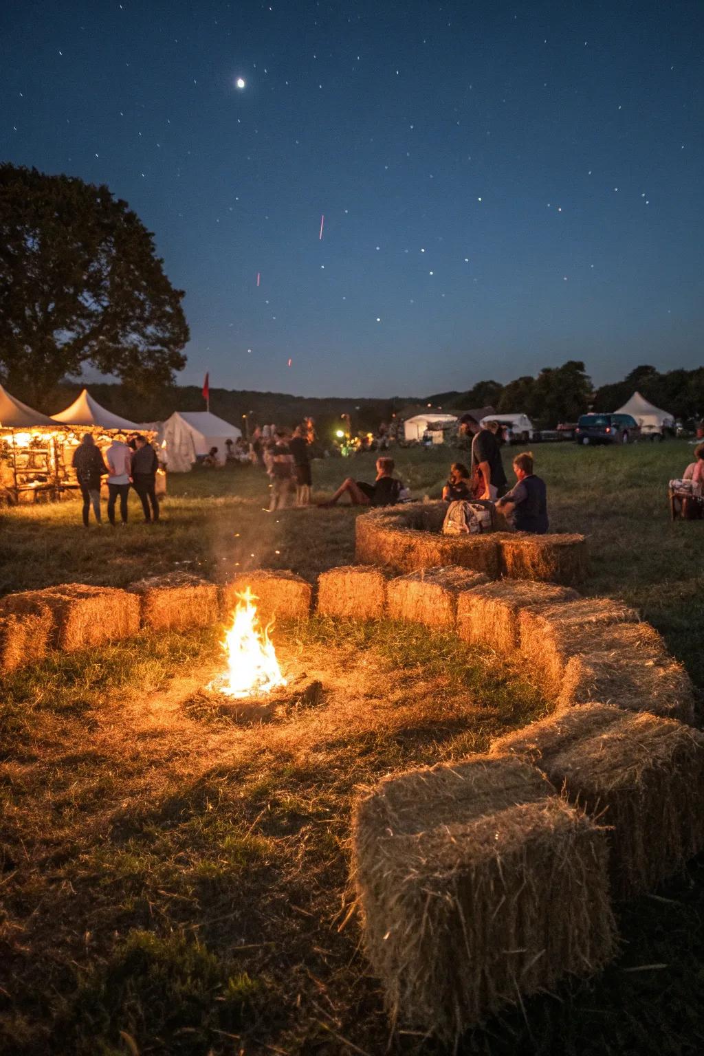 Rustic straw bale seating imparts charm to any autumn celebration