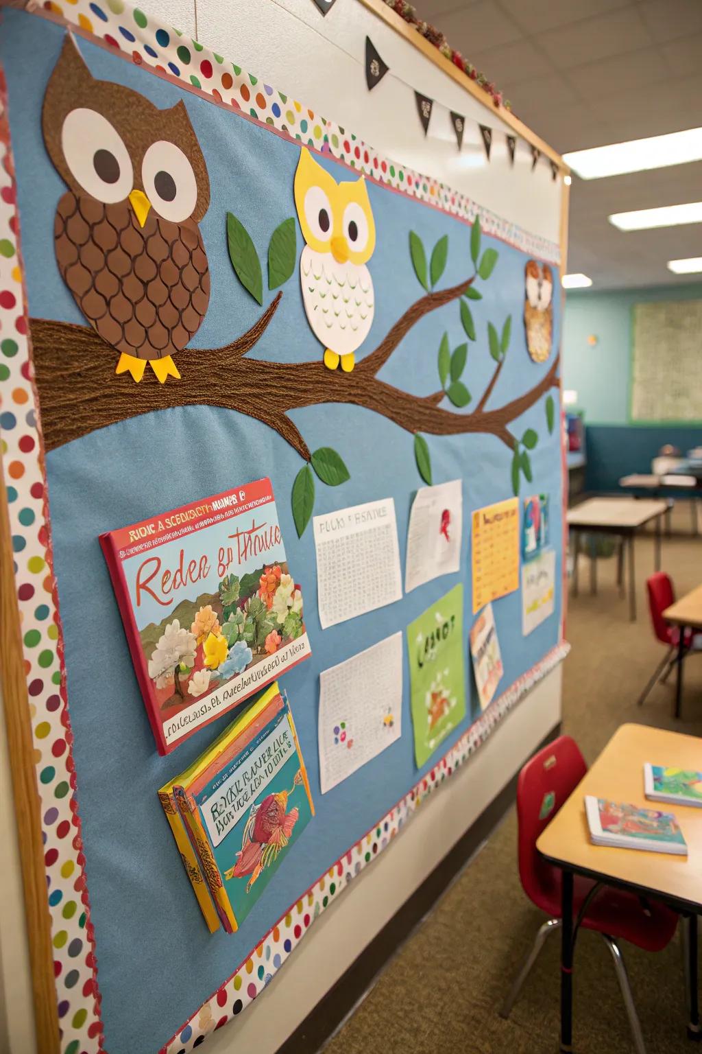 A whimsical bulletin board starring an owl that promotes reading.