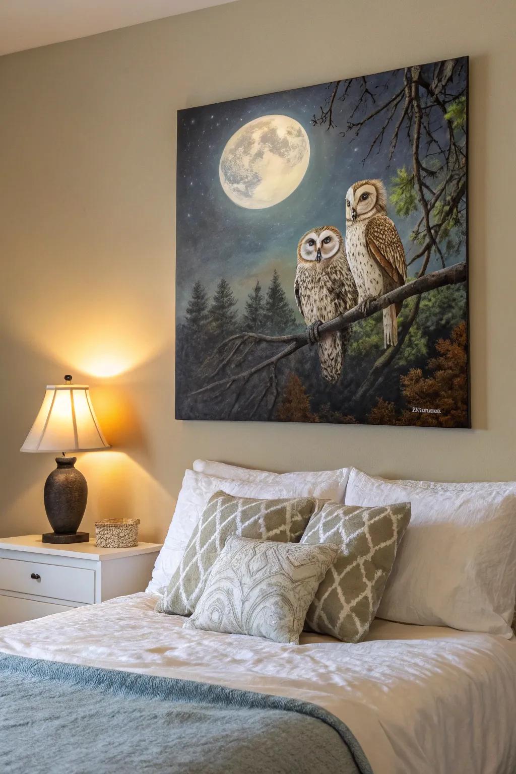 Owls beneath a moonlit sky evoke sensations of nocturnal romance.