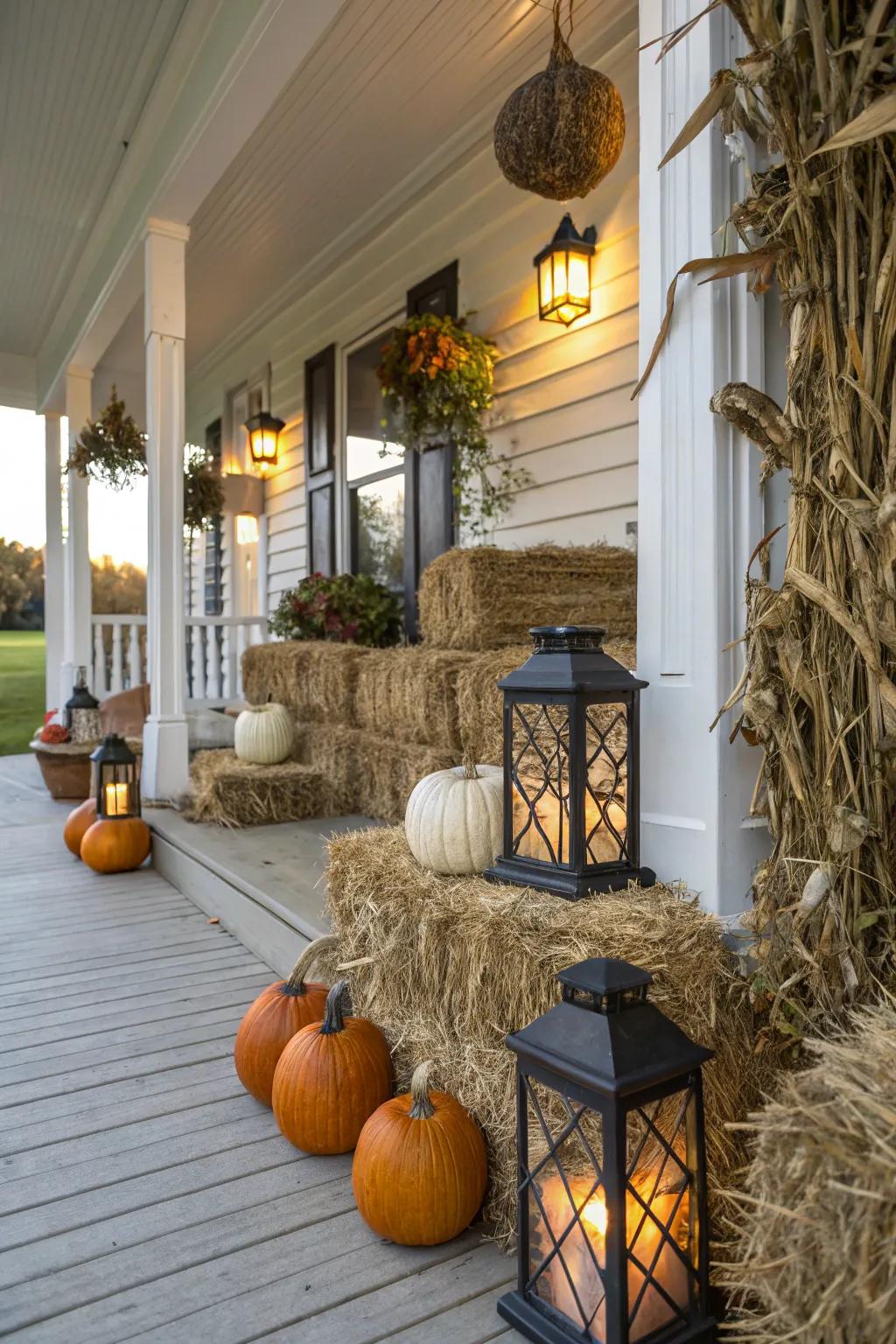 Rustic hay bales and cornstalks present a charming backdrop for autumnal decorations.