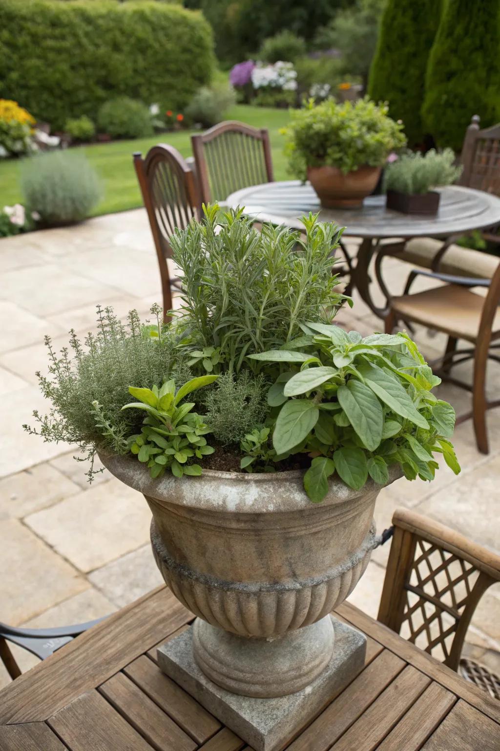 Fragrant herbs in an autumnal vessel garden.