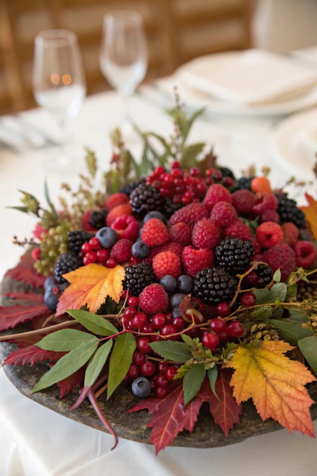 Bright berries bring color and texture to this fall marriage centerpiece.