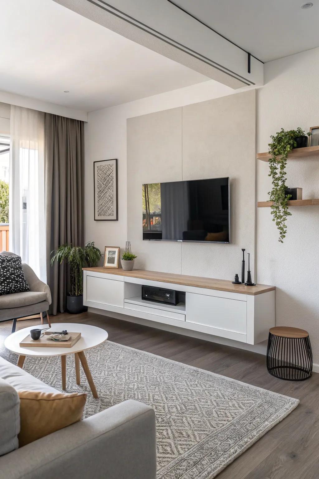 A minimalist floating console maintains a sleek and tidy TV area.