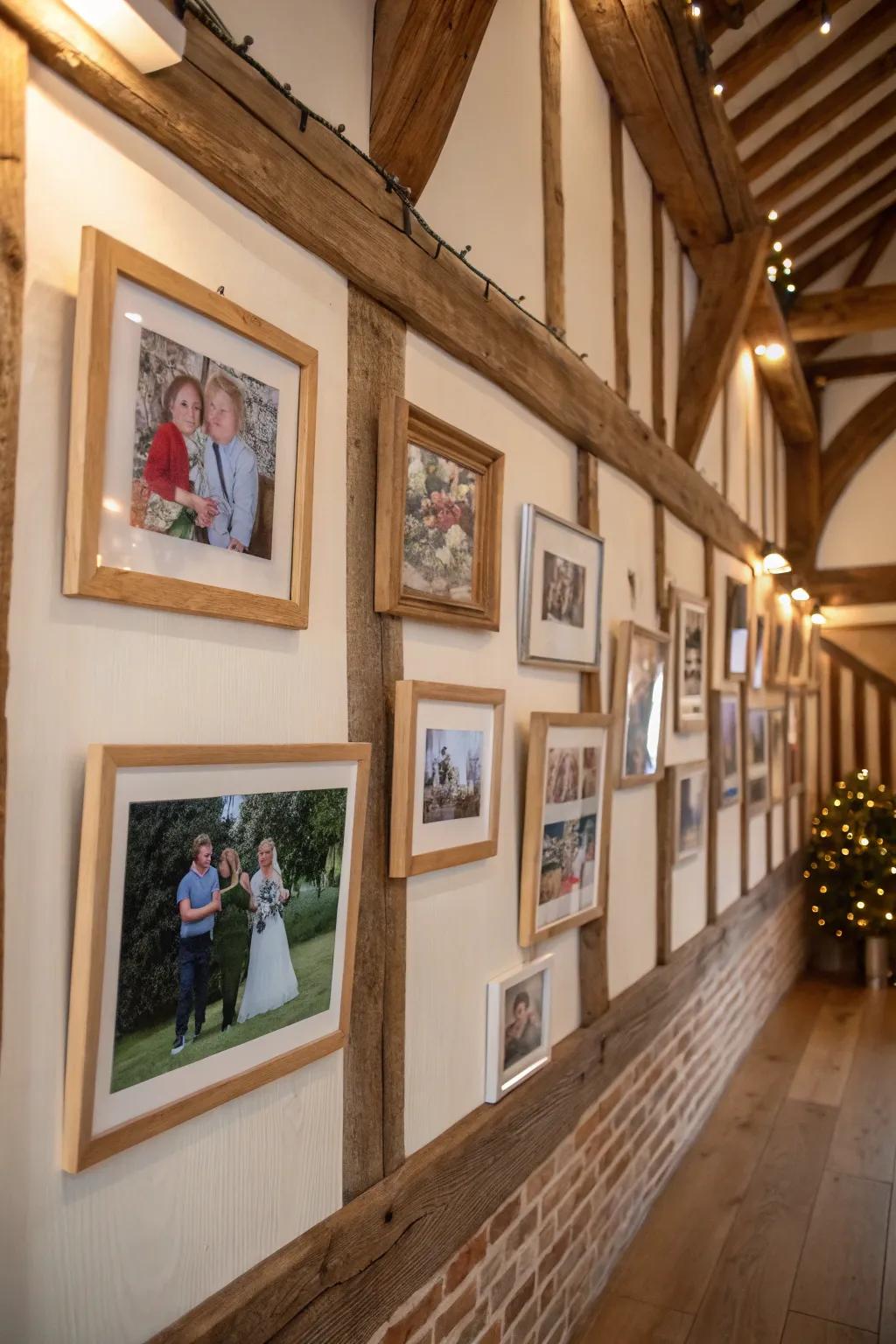 Country-style family wall with wooden frames contributing warmth and charm.