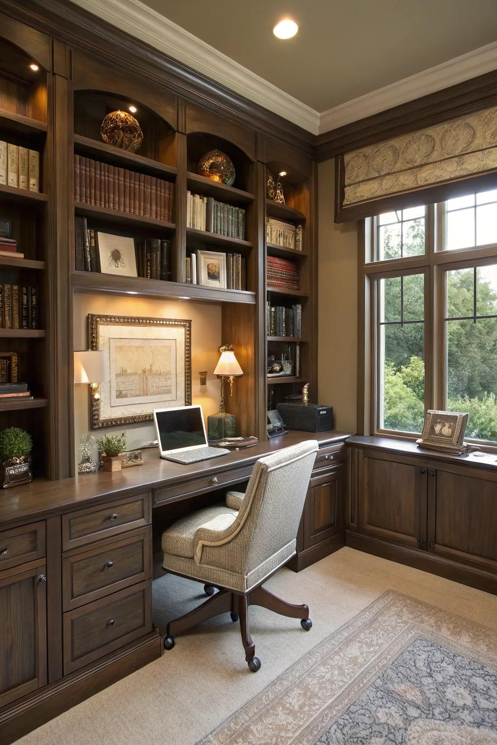 Built-ins offer storage while enhancing the elegance of your office.