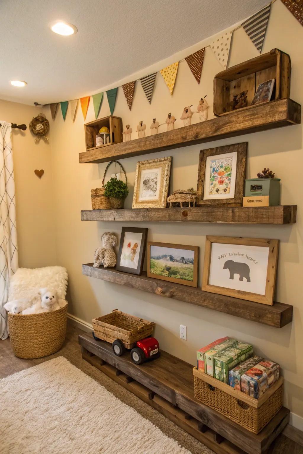 Natural wood introduces warmth and texture to a barnyard creature baby's room.
