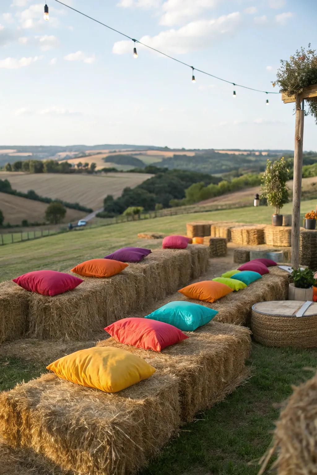 Bundles of straw fashioned as seating furnish a countryside and spirited seating remedy.