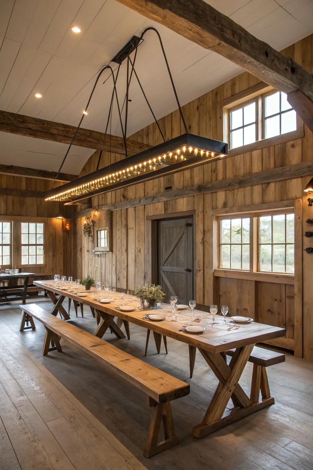 Straight illumination improves the ambiance of a wide dining table.